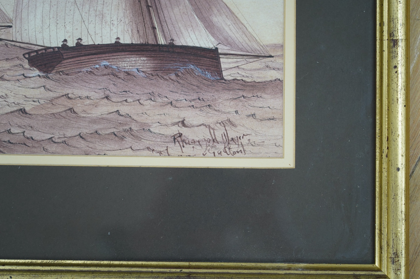 From the Studio of Fred Cuming. Late 19th/early 20th century naïve School, sanguine watercolour, 'Smacks', indistinctly signed and inscribed lower right, 28 x 37cm. Condition - fair to good